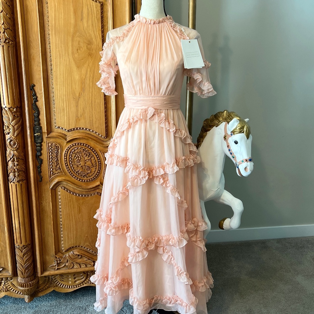 NWT Mac Duggal 2 Apricot Ruffle High Neck Prairie Period Dress 68458 68425 68222